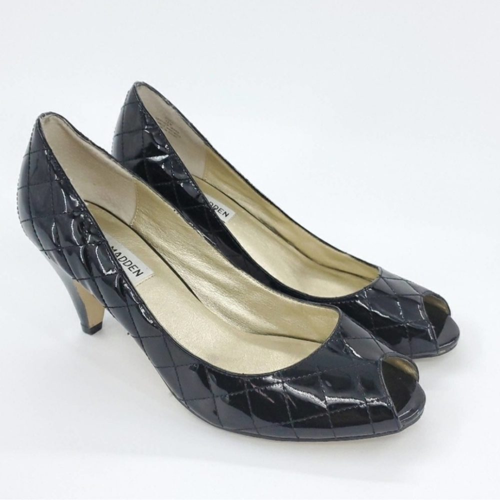 Steve Madden Stitch Black Leather Diamond Stitch Open Toe Heels 7.5
